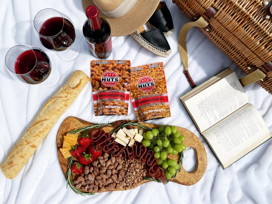 Picnic with cinnamon nuts and wine