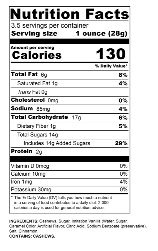 Cinnamon Cashews nutrition facts